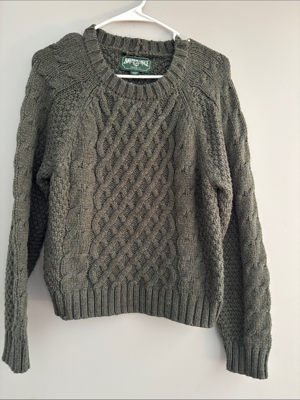 American Eagle Outfitters Olive Green Cable Crewneck Sweater